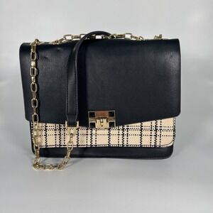 New PARFOIS Crossbody Bag Navy‎ Blue Scottish Plaid Gold Hardware Preppy Classic